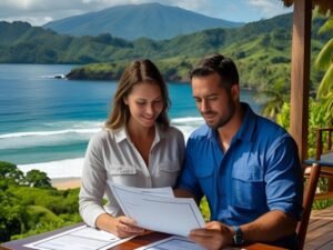 Nicaragua Property Guide - Expat couple reviewing property documents in a house with a beautiful scenic ocean Nicaraguan background