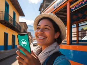 Getting Around Nicaragua Female traveler using ride-hailing app beside traditional bus in Granada Nicaragua